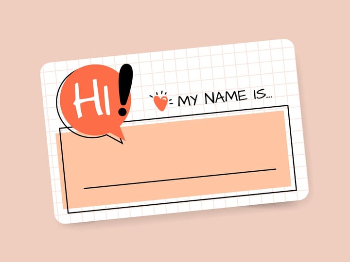 Pink background with an illustrated name tag reading "Hi! My name is..." with a blank line