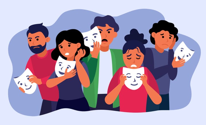 Cartoon image of five people holding theatrical expression masks and looking distressed
